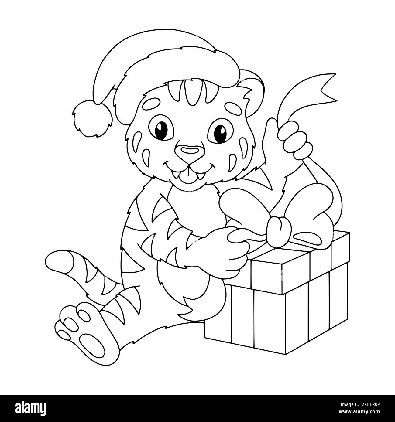 Süßes Tigerjunges in einem Weihnachtsmütze. Malbuch-Seite für Kinder. Figur im Cartoon-Stil. Vektorillustration isoliert auf weißem Hintergrund. Stock Vektor