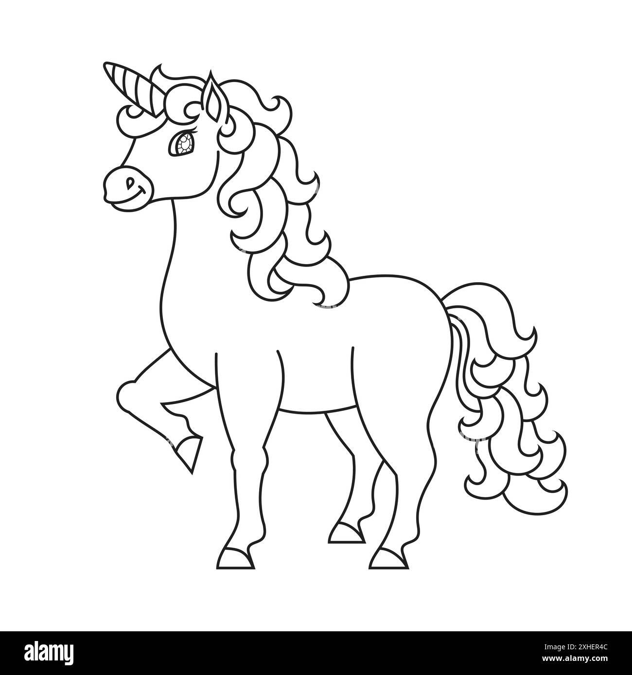 Niedliches Einhorn. Magisches Feenpferd. Malbuch Seite für Kinder. Cartoon-Stil. Vektordarstellung auf weißem Hintergrund isoliert. Stock Vektor