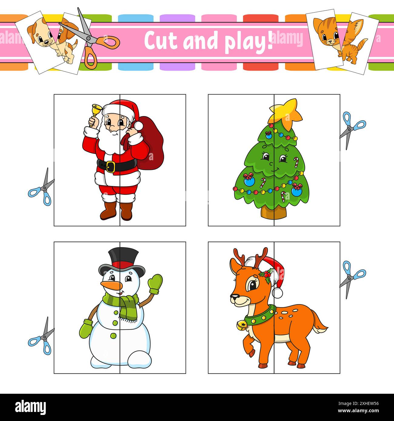 Schneiden und spielen. Flash-Karten. Farbpuzzle. Arbeitsblatt zur Entwicklung von Schulungen. Aktivitätsseite. Spiel für Kinder. Witziger Charakter. Isolierte Vektorgrafik Stock Vektor