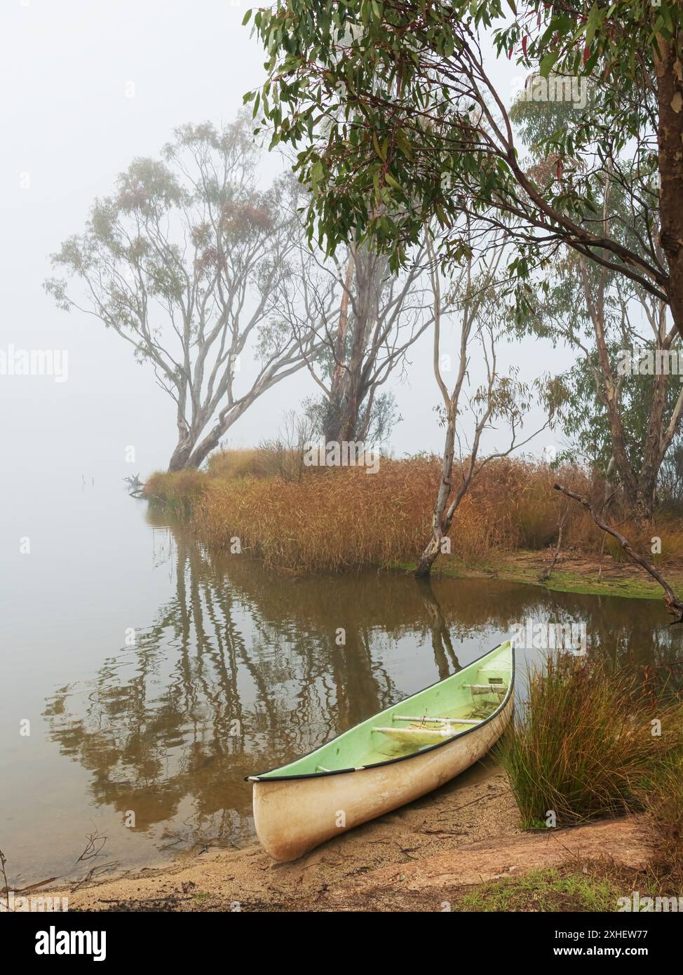 Nebelige Szene auf dem See mit einem Kajak auf dem Sand und den Reflexen der Bäume im Wasser, Granite Belt Weinanbaugebiet, Queensland, Oz Stockfoto