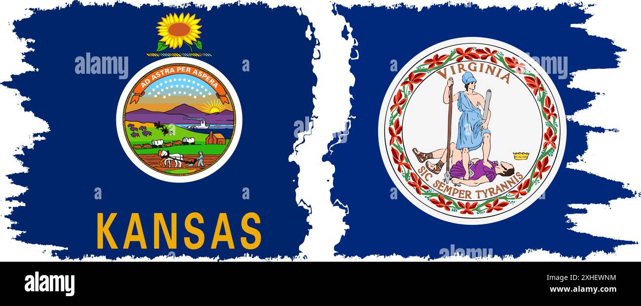 Virginia und Kansas staaten Grunge Pinsel Flags Verbindung, Vektor Stock Vektor