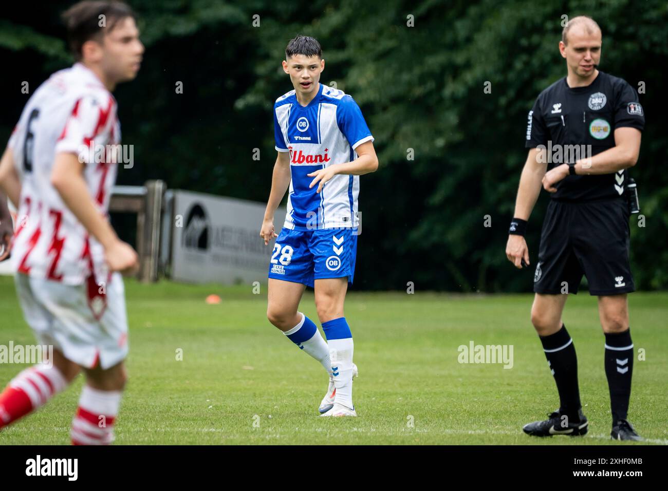 Middelfart, Dänemark. Juli 2024. Tobias Slotsager (28) von Odense BK wurde während eines Testspiels zwischen Odense Boldklub und Aalborg BK im Middelfart Stadion in Middelfart beobachtet. Stockfoto