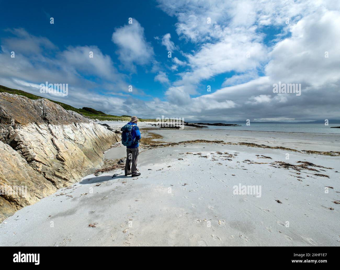 Männlicher Wanderer / Wanderer / Sightseeing / Tourist stehend am weißen Sandstrand mit blauem Himmel an kalten Tag im Juni, The Strand, Isle of Colonsay, Schottland, Großbritannien. Stockfoto