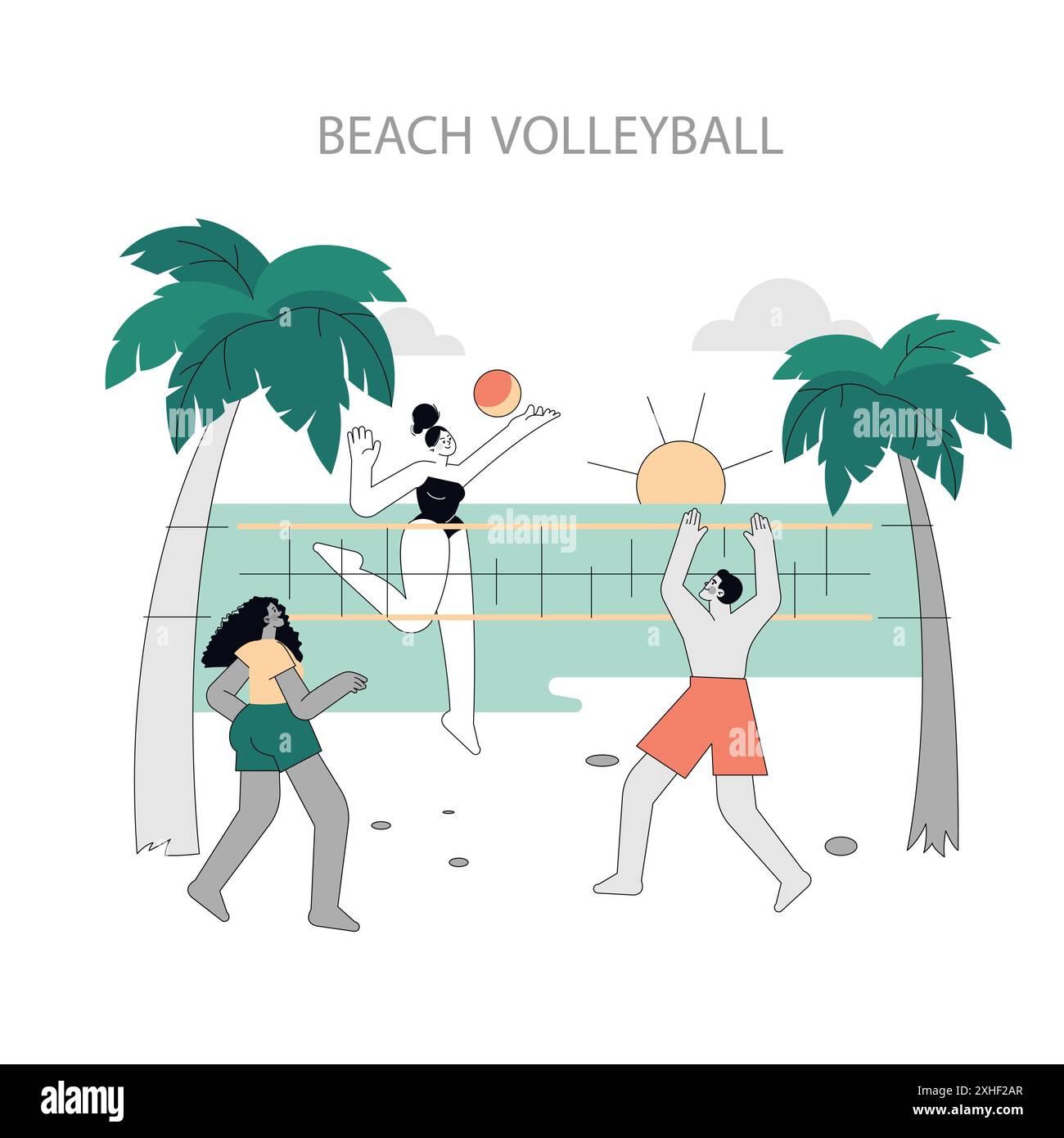 Sommeraktivitäten Konzept. Freunde genießen an einem sonnigen Tag ein lebhaftes Beachvolleyball-Spiel zwischen Palmen. Outdoor-Sport, Erholung und Kameradschaft. Vektorabbildung. Stock Vektor