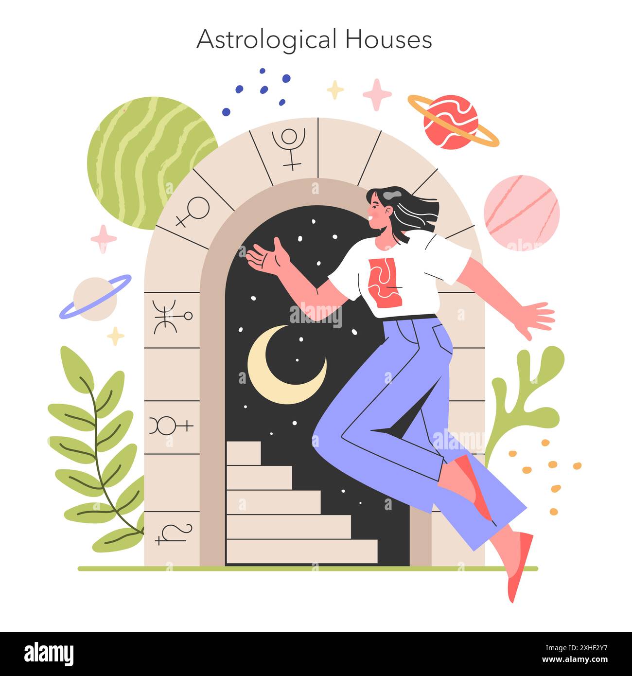 Astrologisches Häuserkonzept. Eine skurrile Erkundung kosmischer Symbole und Tierkreiszeichen mit einer Figur, die auf einer Treppe steht. Mystisches, pädagogisches Thema der Astrologie. Vektorabbildung. Stock Vektor