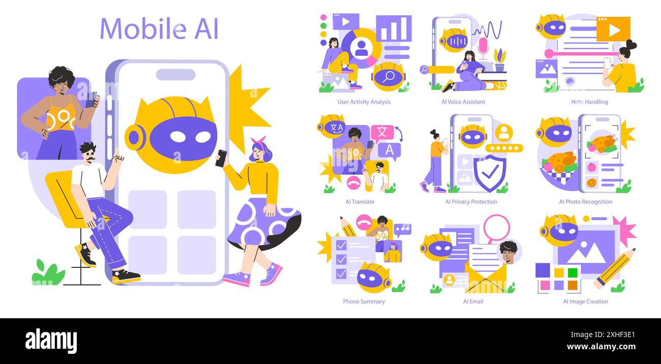 Mobiles KI-Konzept. Abbildung zur Erfassung verschiedener Anwendungen für künstliche Intelligenz auf mobilen Geräten, einschließlich Übersetzung und Sprachunterstützung. Vektorabbildung. Stock Vektor