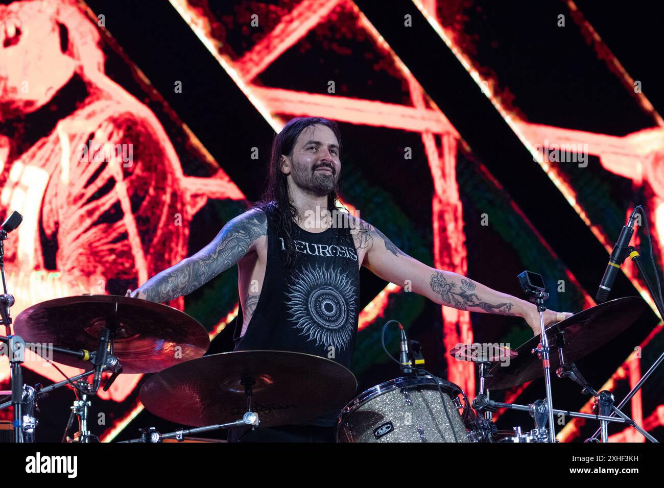 Sao Paulo, Brasilien. Juli 2024. São PAULO, BRASILIEN - 13. JULI: Jay Weinberg of Suizidal Tendencies tritt auf der Bühne während des Esquenta Rock Fun Festivals 2024 im Centro Esportivo Tietê am 13. Juli 2024 in Sao Paulo/SP, Brasilien auf. (Foto: Leandro Bernardes/PxImages) Credit: PX Images/Alamy Live News Stockfoto