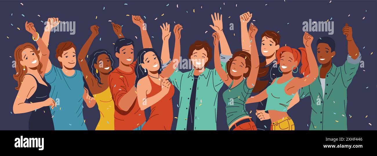 Lebhafte multiethnische Partygäste tanzen flache Zeichentrickkunst. Dynamische Illustration in flachem Stil, die junge Leute zeigt, die eine lebhafte Party auf dunklem Rücken genießen Stock Vektor