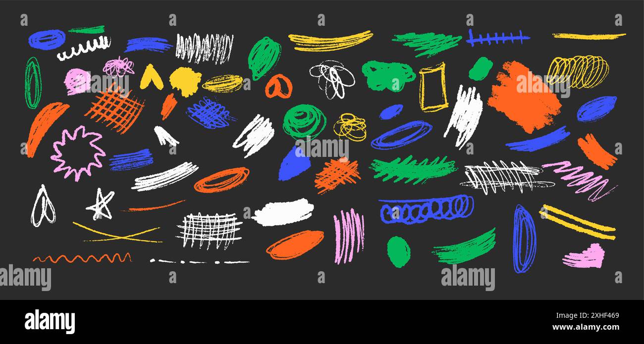 Abstrakte unregelmäßige Striche Kritzelvektorkunst auf schwarzem Hintergrund. Muster verschiedener Scribbles mehrfarbiger linearer minimalistischer Illustrationssatz Stock Vektor