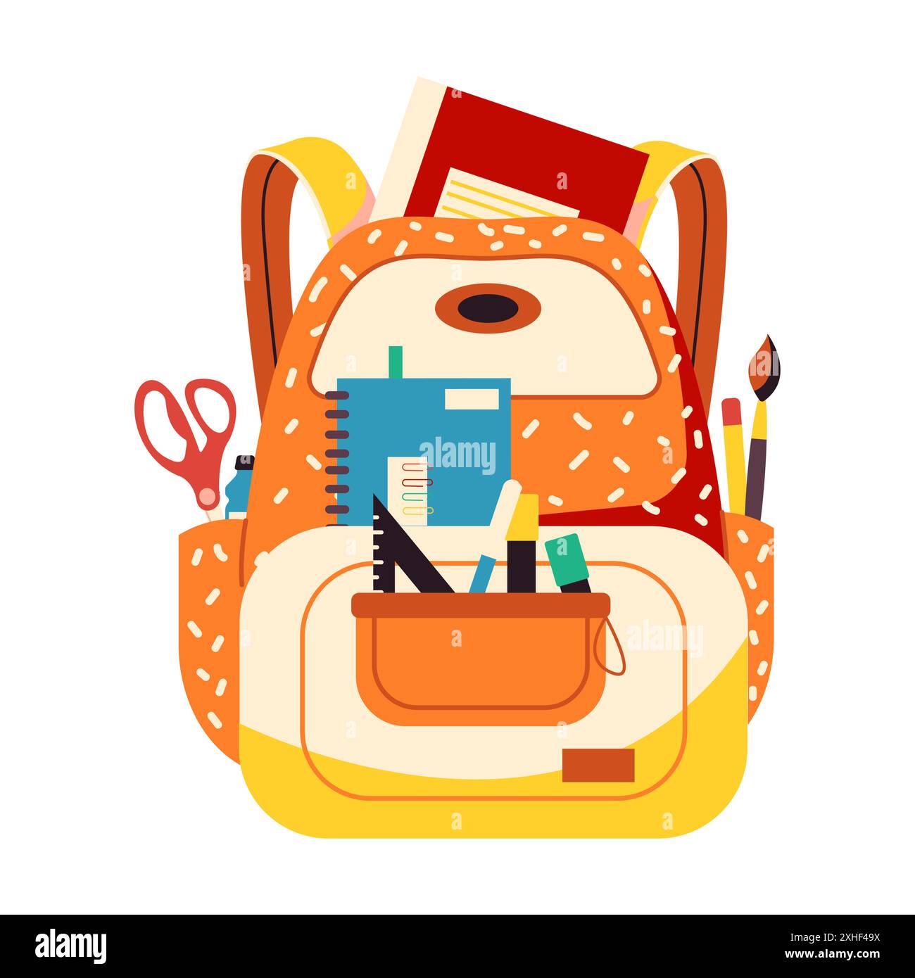 Schulrucksack mit Schulausrüstung auf weißem Hintergrund. Vector Artwork enthält verschiedene Schreibwerkzeuge, die für akademische Visualisierungen geeignet sind Stock Vektor