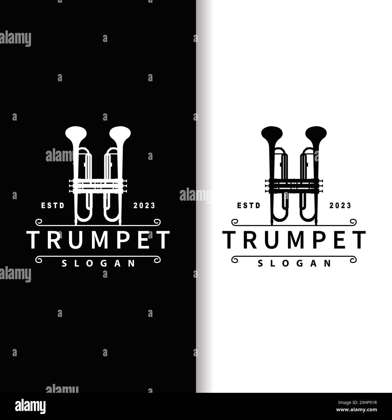 Einfaches Markendesign Trompete mit Musikinstrumenten aus Messing, Logo mit klassischer Jazz-Trompete Stock Vektor