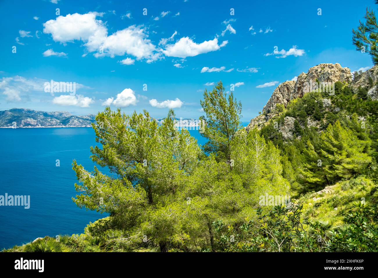 Wanderung zum Berg Talaia d'Alcúdia und Aussichtspunkt mit einem fantastischen Blick auf die Bucht von Alcúdia auf der Baleareninsel Mallorca - Spanien Stockfoto