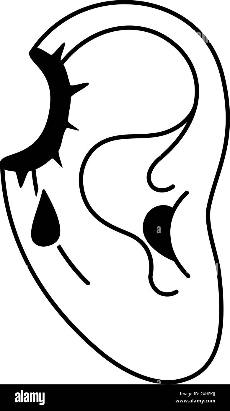Symbol für verwundetes Ohr in Schwarz und weiß. Rundloch. Verletztes menschliches Ohr mit Bluttropfen-Logo. Ein Gefühl von Verletzungen oder Schmerzen im Ohr. Abgewickelte Vektorillustration Stock Vektor