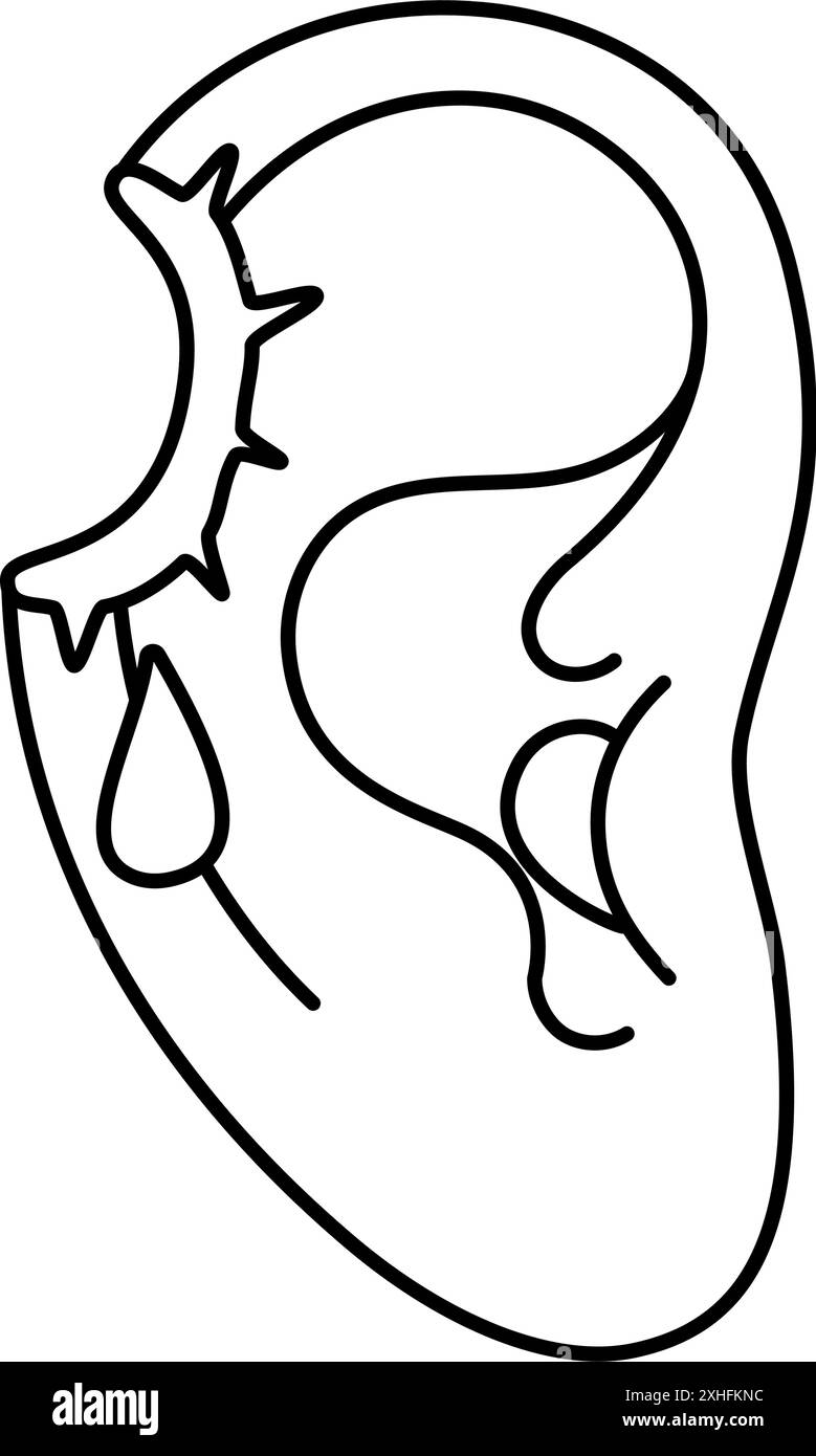 Symbol für verwundetes Ohr in Schwarz und weiß. Rundloch. Verletztes menschliches Ohr mit Bluttropfen-Logo. Ein Gefühl von Verletzungen oder Schmerzen im Ohr. Abgewickelte Vektorillustration Stock Vektor