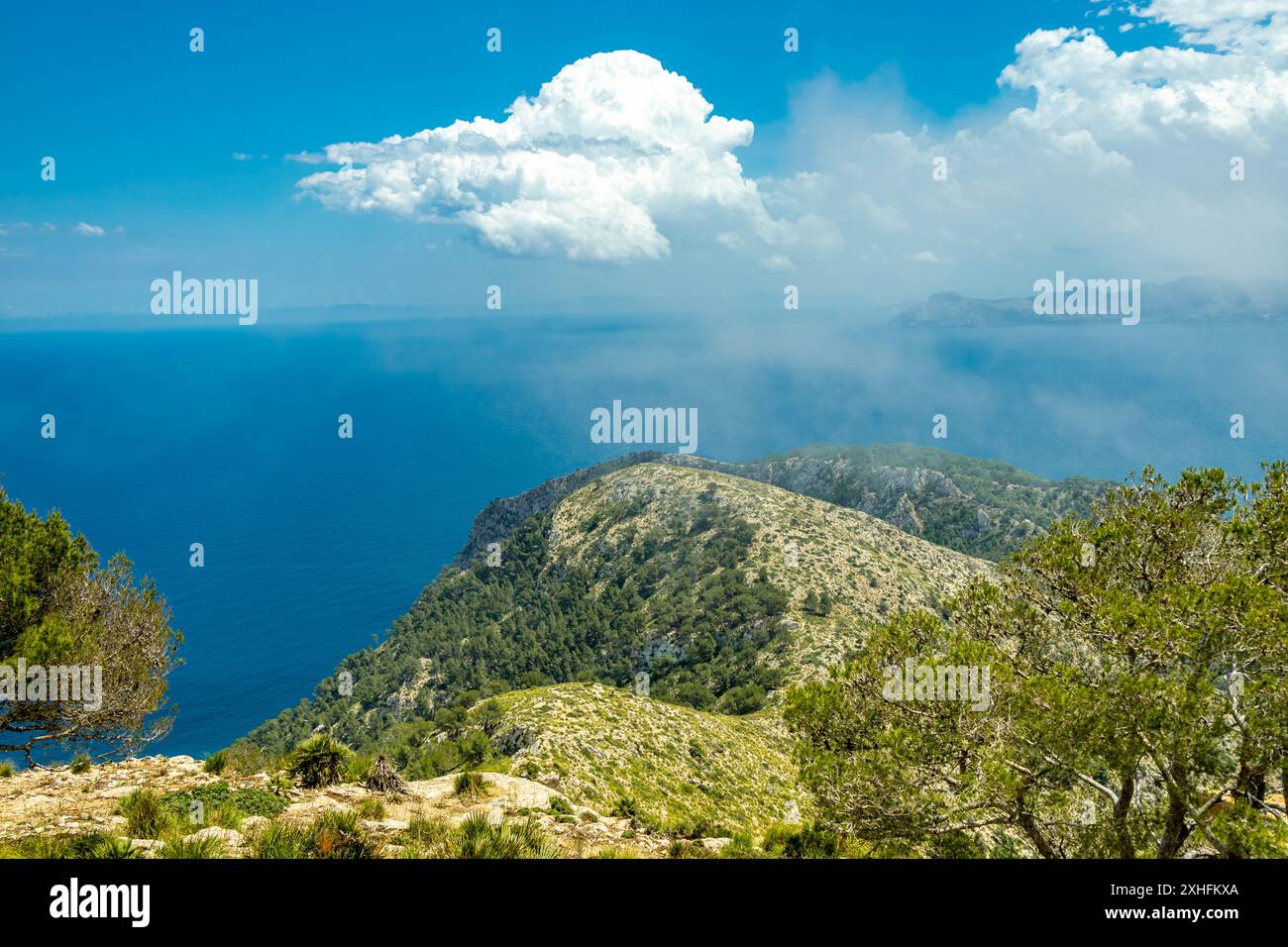 Wanderung zum Berg Talaia d'Alcúdia und Aussichtspunkt mit einem fantastischen Blick auf die Bucht von Alcúdia auf der Baleareninsel Mallorca - Spanien Stockfoto