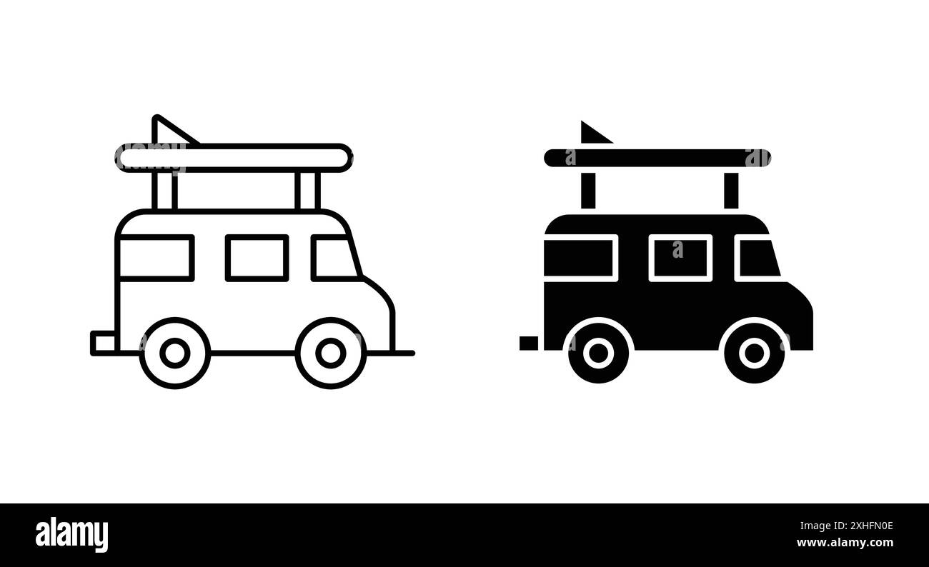 Campervan-Symbol Schwarze Linie Kunstvektor in schwarz-weiß Umrisse Set Collection Schild Stock Vektor
