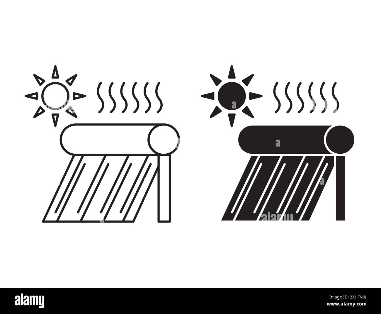 Solar-Warmwasserbereiter-Symbol Vektorsymbol oder Schildersatz-Sammlung in schwarz-weiß-Umrandung Stock Vektor