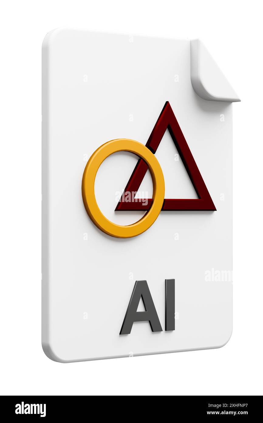 Dreidimensionales Dateityp-Symbol für das Vektorbild Dateityp AI, isoliert auf reinweißem Hintergrund zur einfachen Maskierung. Stockfoto