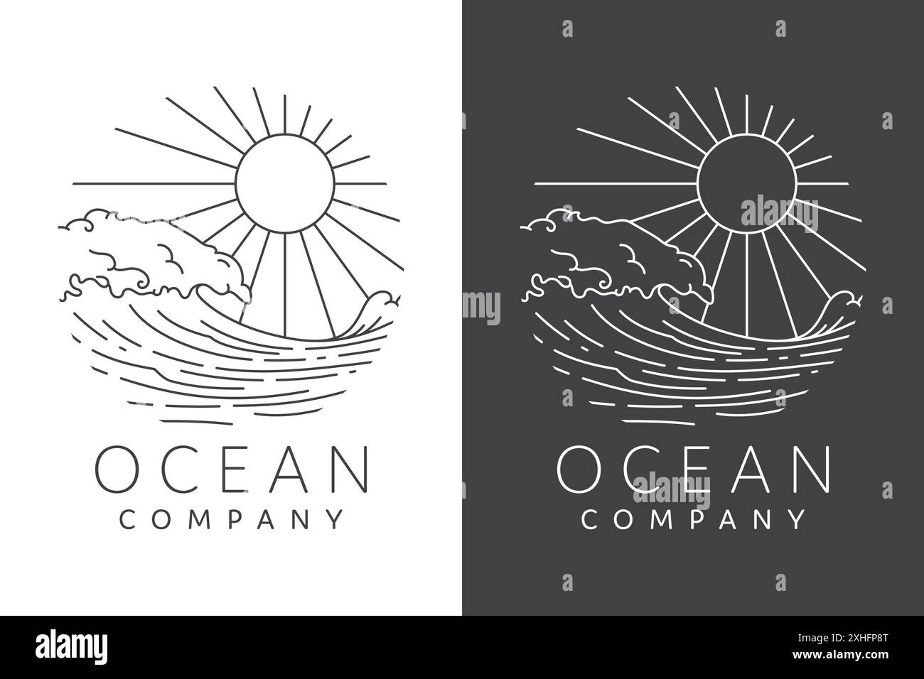 Ocean Waves Line Art Logo mit strahlender Sonne in der Mitte Stock Vektor