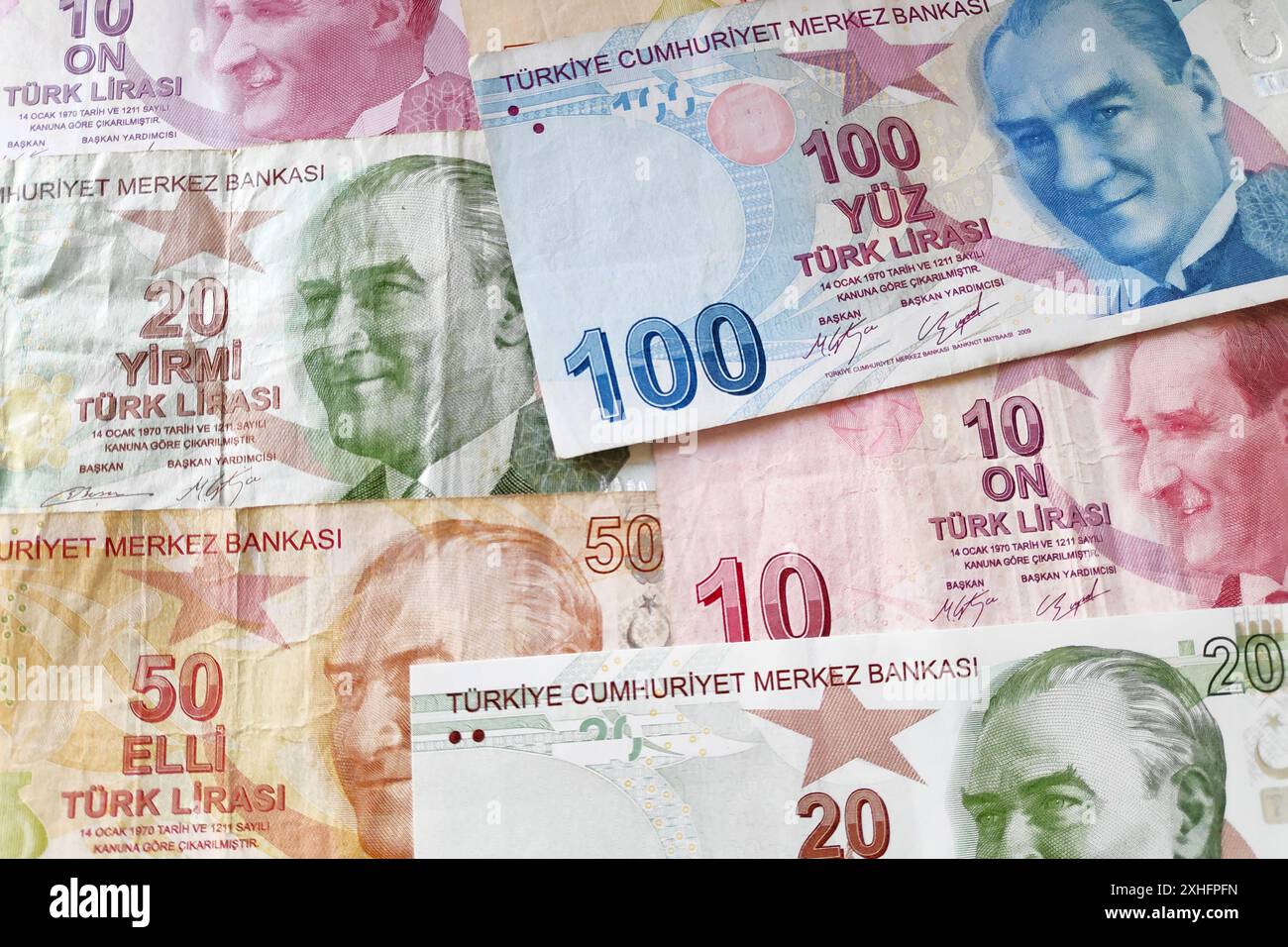 Stapel von türkischen Lira (TRY) Banknoten als Hintergrund. Stockfoto