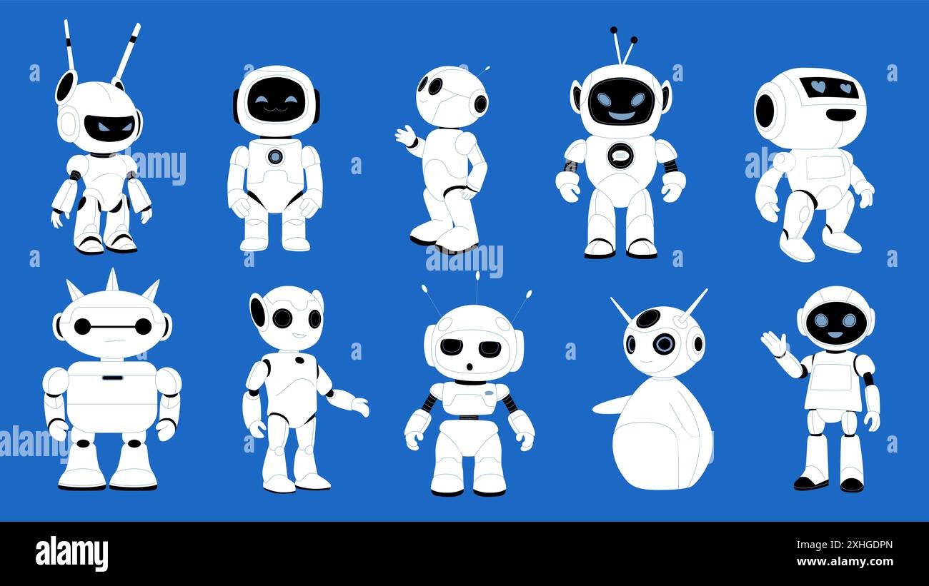 Niedliche Roboter, futuristische Chatbot-Charaktere. Gruppe von verschiedenen intelligenten Chat-Bots mit Antenne und freundlichen Gesten auf blauem Hintergrund, Zeichentrick künstliche intelligente Maskottchen Vektor-Illustration Stock Vektor