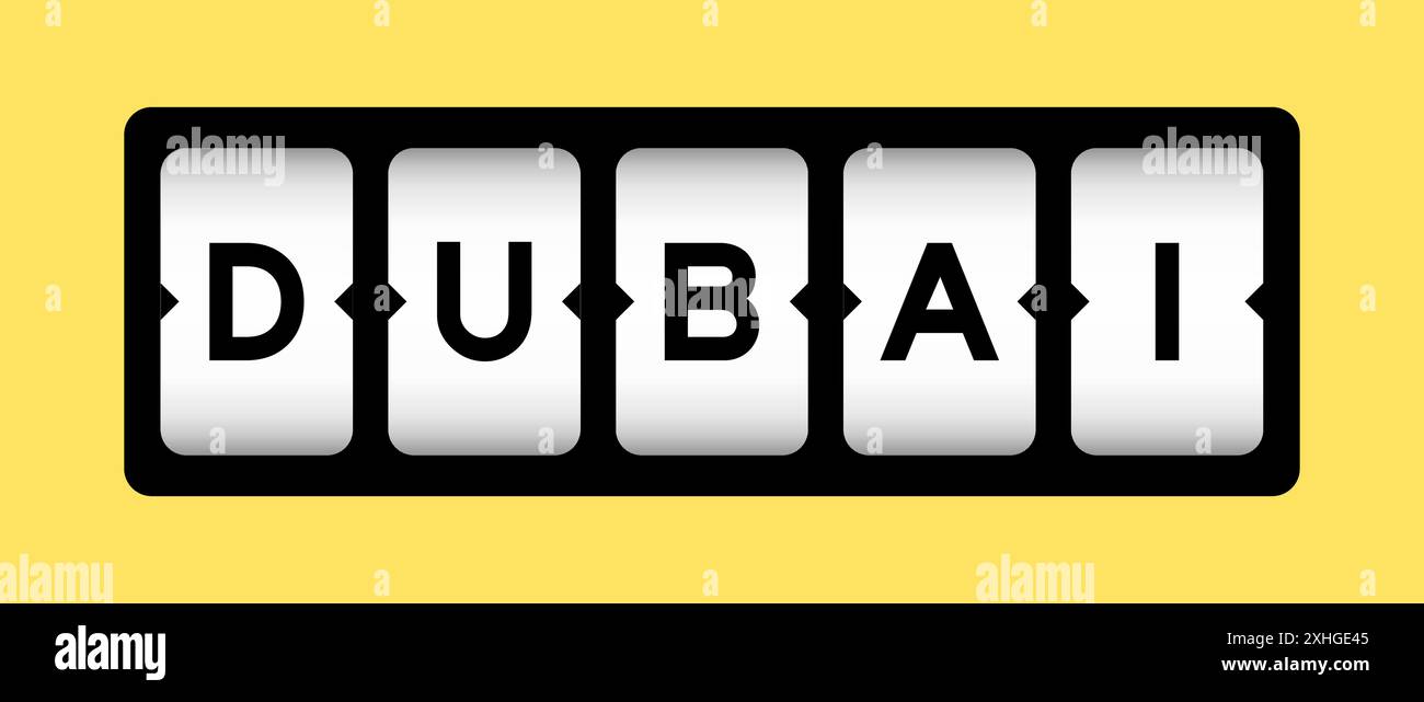 Schwarze Farbe im Wort dubai auf Spielautomaten-Banner mit gelbem Hintergrund Stock Vektor