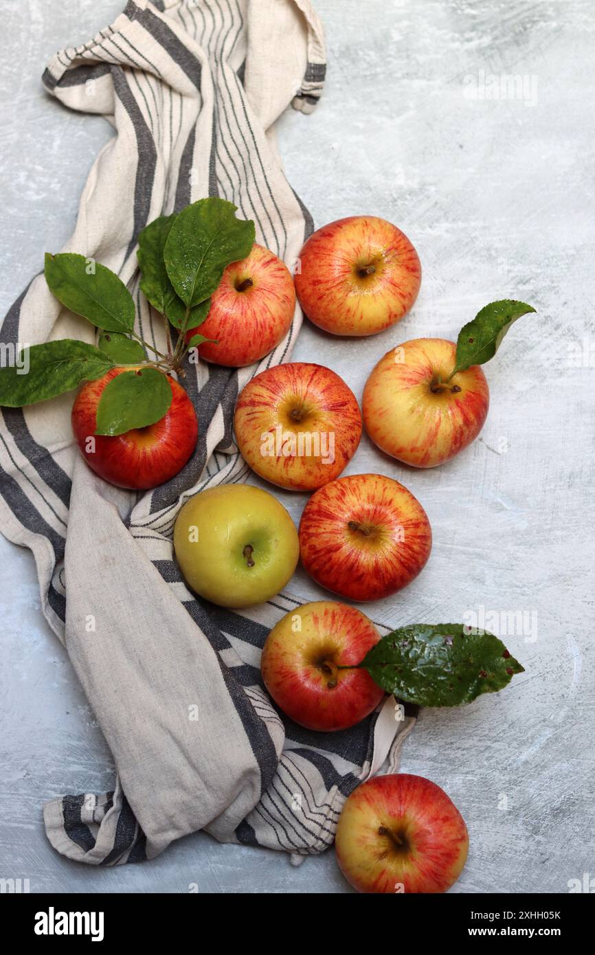 Wunderschöne grüne und rote Äpfel von oben. Saftige Bio-Früchte auf hellgrauem, strukturiertem Hintergrund mit Platz für Text. Konzept für gesunde Ernährung. Stockfoto