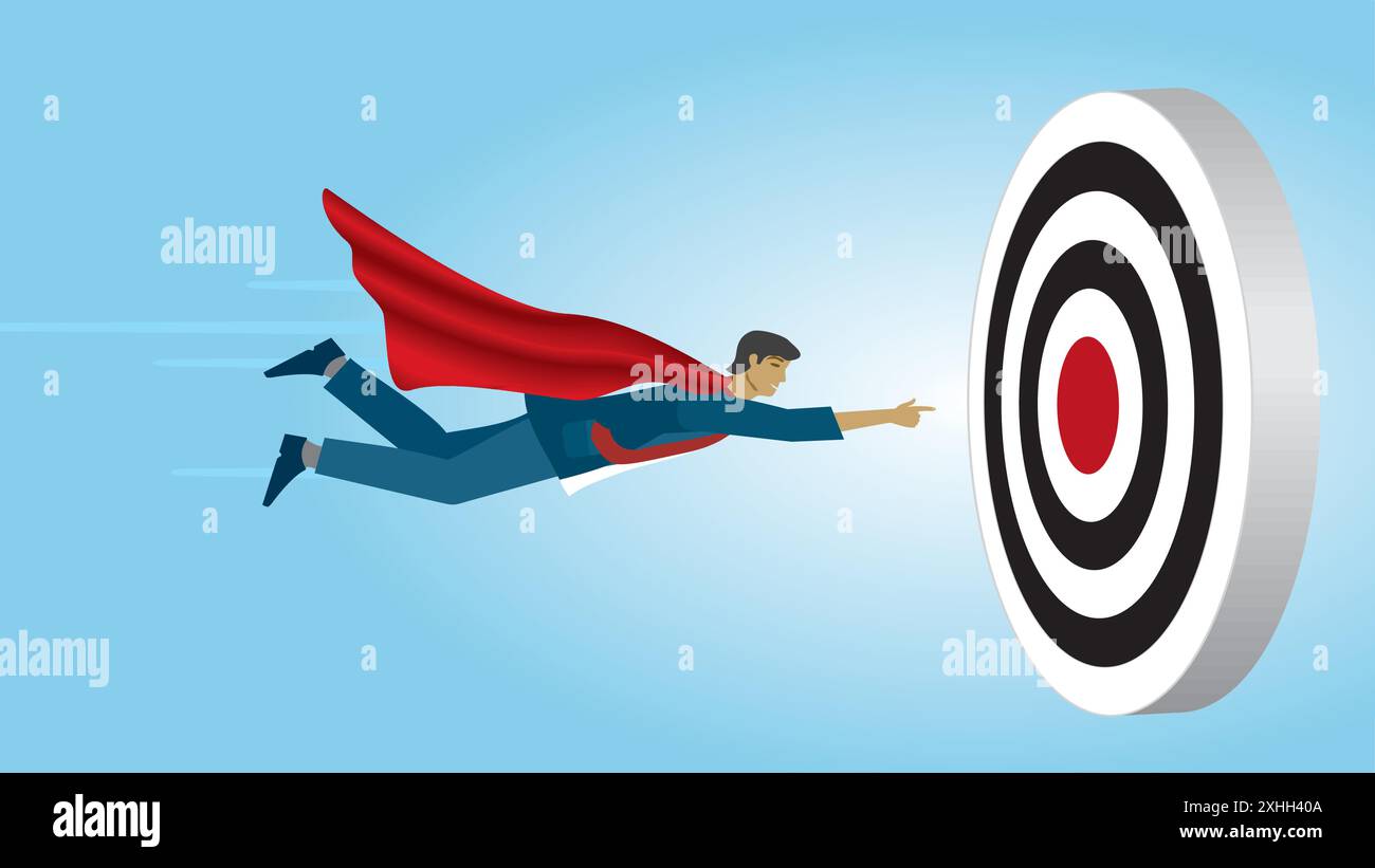 Superheld fliegt zum Bulls Eye. Entschlossenheit und Ziele. Abmessung 16:9. Vektorabbildung. Stock Vektor
