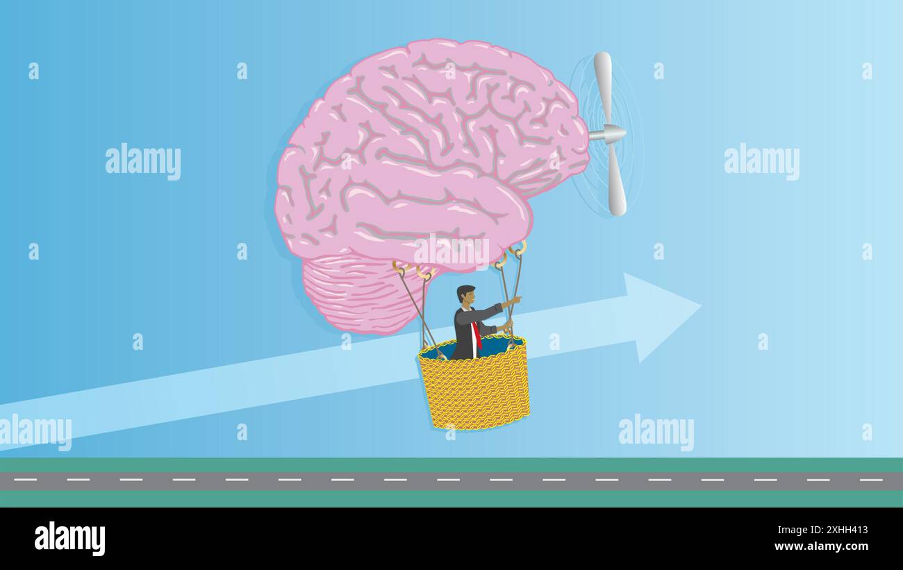 Ein Mann, der Heißluftballon aus Gehirn mit Propeller fliegt. Entschlossenheit und Ziele. Abmessung 16:9. Vektorabbildung. Stock Vektor