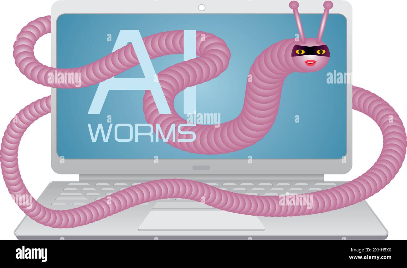 AI-Wurm kriecht um den Laptop herum. Isoliert. Vektorabbildung. Stock Vektor