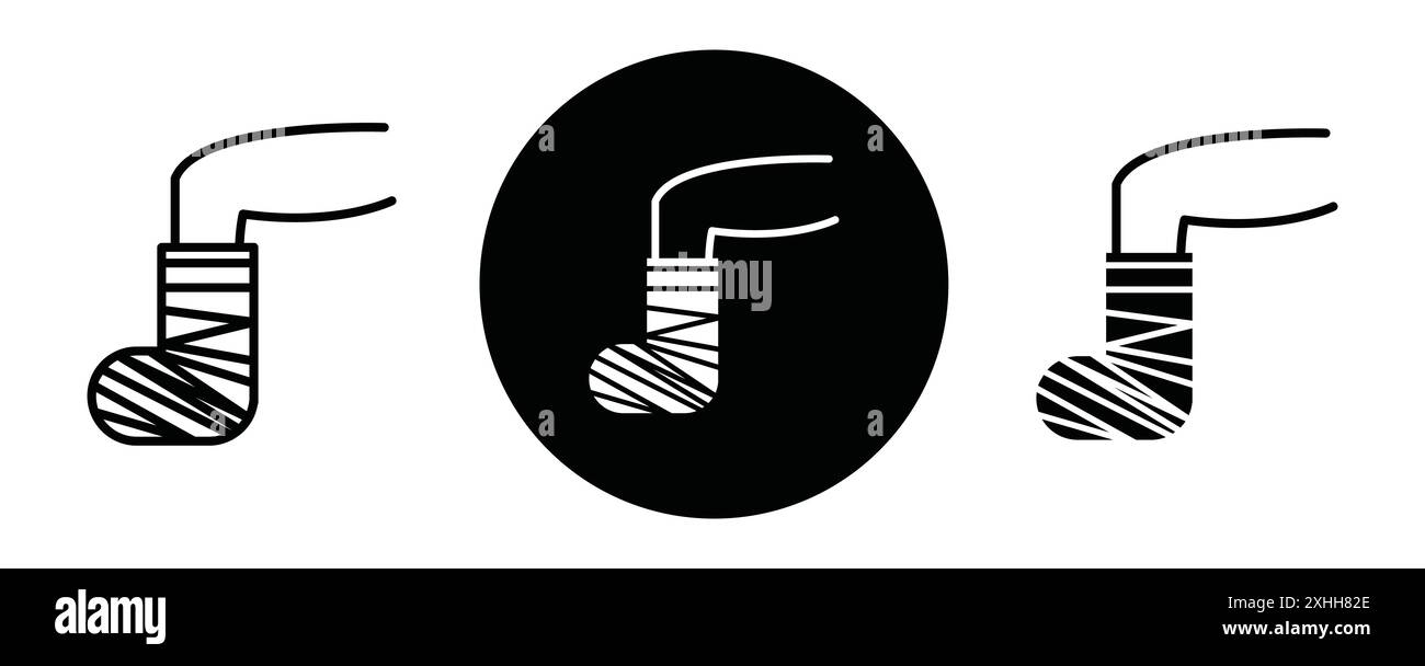 Gebrochenes Bein in einem Gips Ikone Schwarzer Linie Art Vektor in schwarz-weiß Umrissset Sammlung Zeichen Stock Vektor