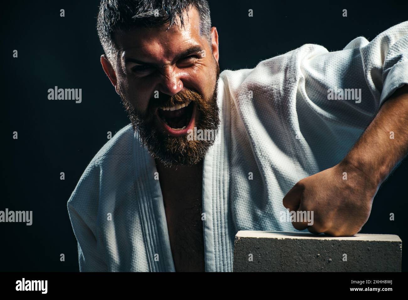 Wütender Karate-Mann, der Punsch zeigt und Betonziegel mit der Faust bricht. Schreiender männlicher Mixed Martial Arts Kämpfer zertrümmert Betonplatte mit seiner Hand. B Stockfoto