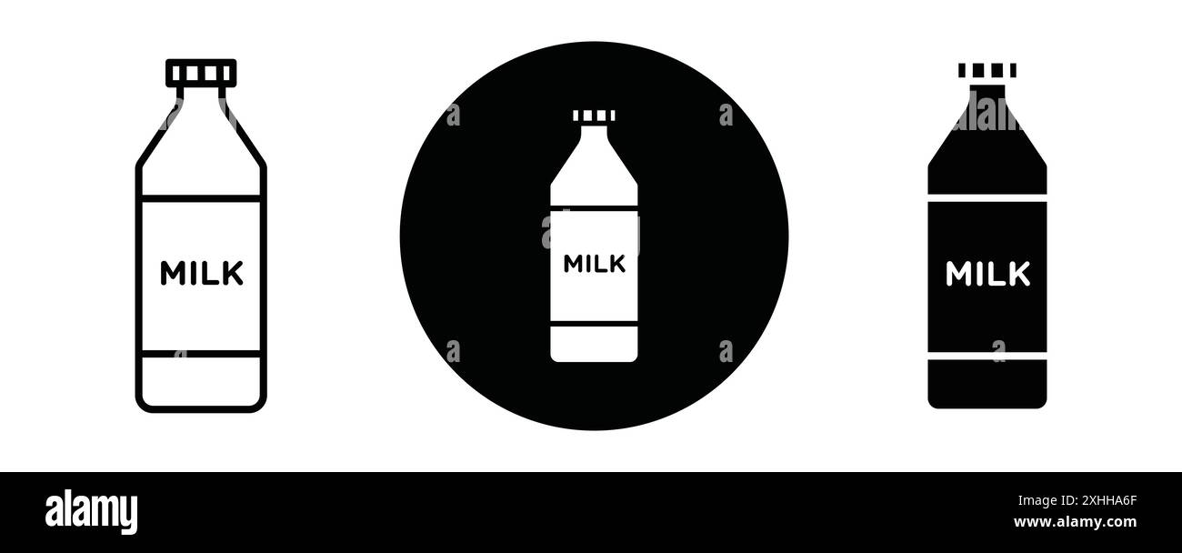 Milchflasche Symbol Schwarzer Linie Kunstvektor in schwarz-weiß Umrisse Set Sammlung Zeichen Stock Vektor