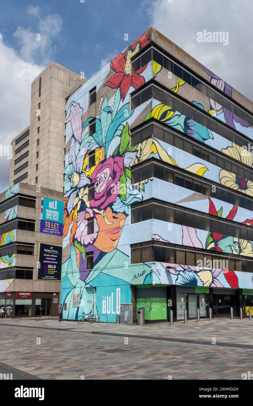 Farbenfrohe Kunstwerke an der Wand des Frobisher House im Stadtzentrum von Southampton, einem Büroblock mit Einzelhandelseinheiten im Bulb Complex, Hampshire England, Großbritannien Stockfoto