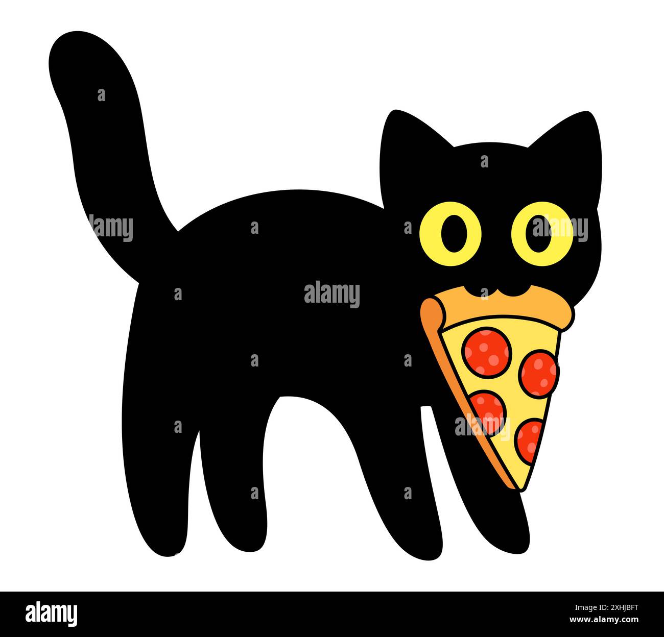 Schwarze Katze, die Pizzascheibe im Mund hält. Lustige Zeichentrickzeichnung, süße und einfache Vektorillustration. Stock Vektor