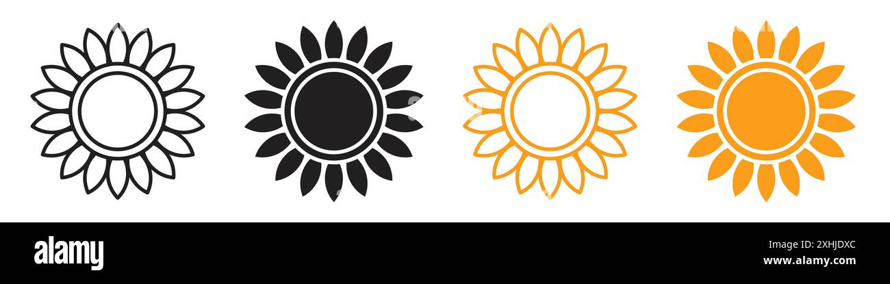 Sonnenblumensymbol Schwarzer Linie Art Vektor in schwarz-weiß Umrisse Set Sammlung Zeichen Stock Vektor