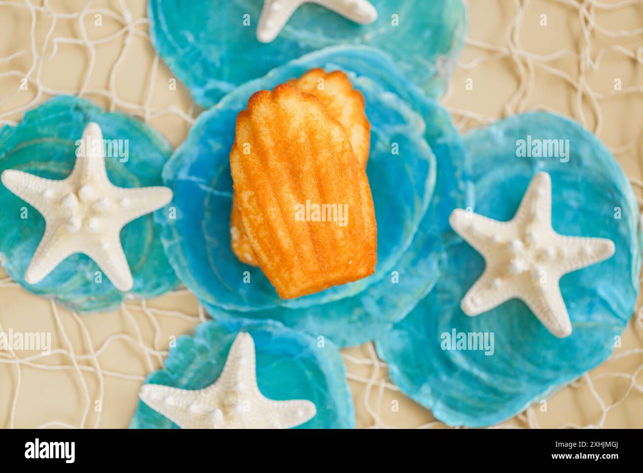 Madeleine-Kekse im nautischen Stil. Madeleine-Kekse auf blauer Perlmutt und weißem Seestern. Französisches Dessert im nautischen Sommerdesign Stockfoto