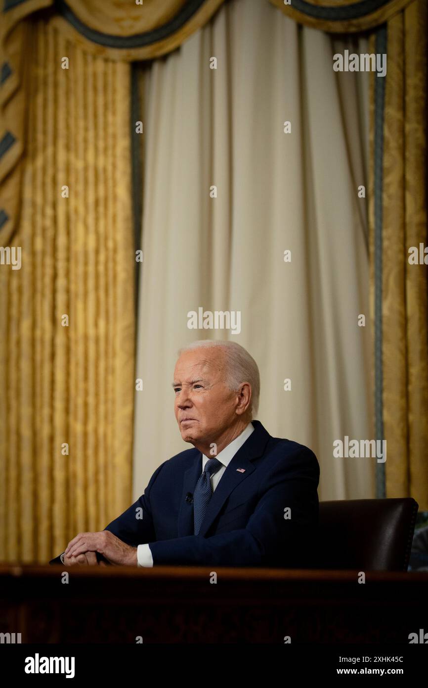 Washington, Usa. Juli 2024. Präsident Joe Biden hält am Sonntag, den 14. Juli 2024, eine Ansprache des Oval Office des Weißen Hauses in Washington, DC. Pool Foto von Erin Shaff/UPI Credit: UPI/Alamy Live News Stockfoto