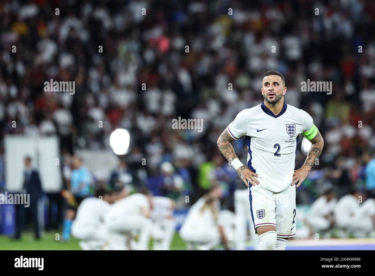 Berlin, Deutschland. Juli 2024. Kyle Walker aus England reagiert auf das Endspiel der UEFA Euro 2024 zwischen England und Spanien in Berlin am 14. Juli 2024. Quelle: Pan Yulong/Xinhua/Alamy Live News Stockfoto