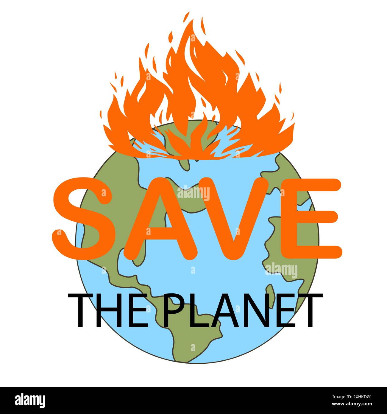Retten Sie den Planeten. Erde in Feuerflammen. ECO-Aufkleber. Wälder brennen. Globale Ökosystempflege. Ökologisches Problem. Erwärmung der Welt. Klimawandel. Naturschutz. Vektorbanner für den Umweltschutz Stock Vektor