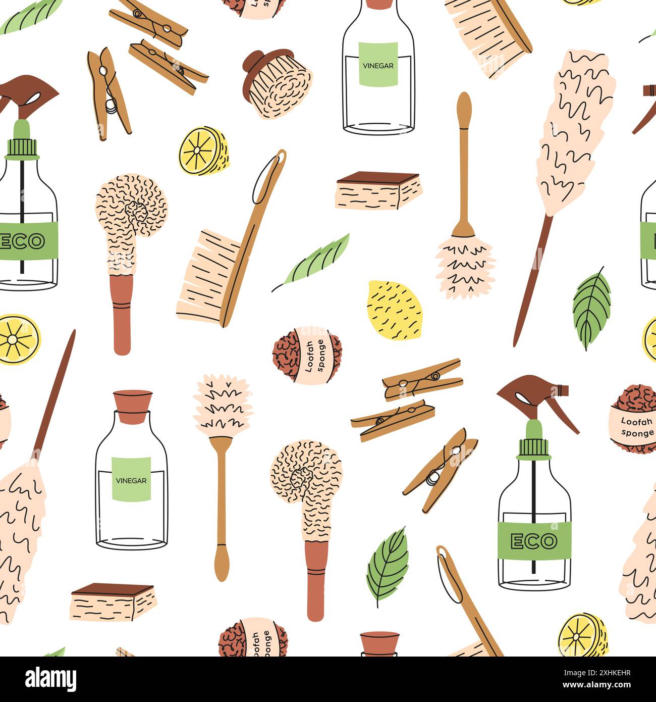 Umweltfreundliche Reinigungsprodukte nahtloses Muster. Ökologische Bio-Reiniger und -Bürsten. Illustration des flachen Vektors Stock Vektor