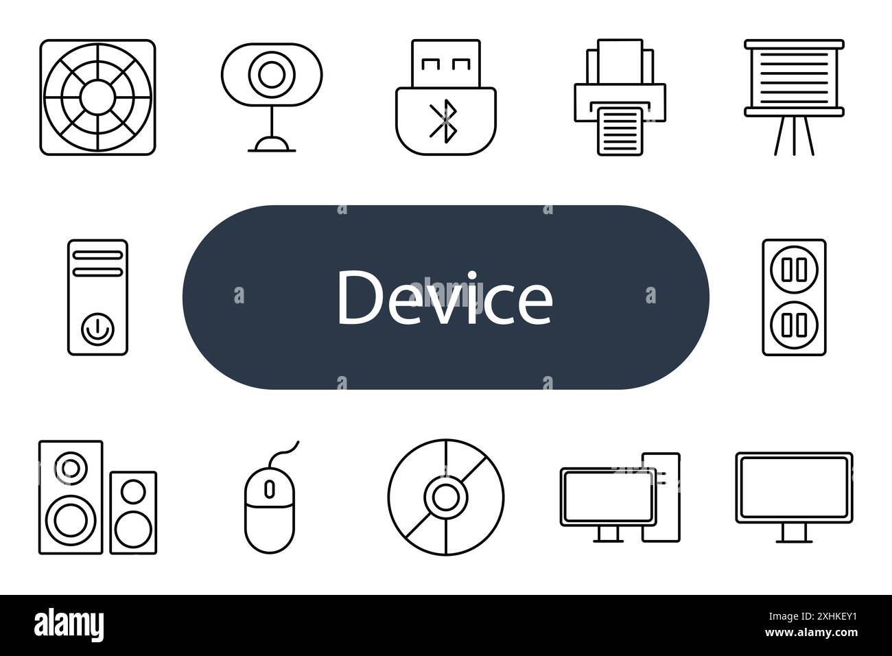 Symbol für Geräteeinstellung. Lüfter, Webcam, USB, Drucker, Projektor, CPU, Lautsprecher, Maus, CD, Monitor, Ausgang, Anschluss, Hardware, Elektronik, Peripherie, Technik. Stock Vektor