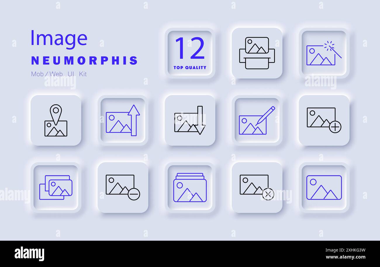 Symbol für Bildsatz. Hochladen, bearbeiten, löschen, Galerie, verbessern, hinzufügen, Entfernen, Position, Bild, Foto, Querformat, Rahmen. Stock Vektor