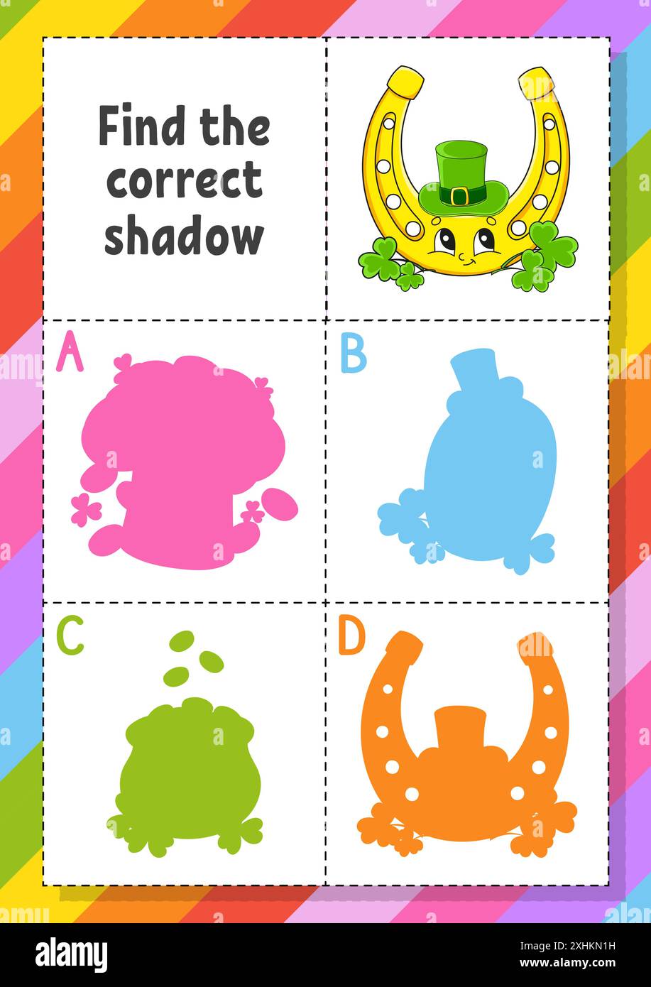 Suchen Sie den richtigen Schatten. Arbeitsblatt zur Entwicklung von Bildungsmaßnahmen für Kinder. Puzzlespiel. Aktivität". Zeichentrickfigur. Vektorabbildung. Stock Vektor