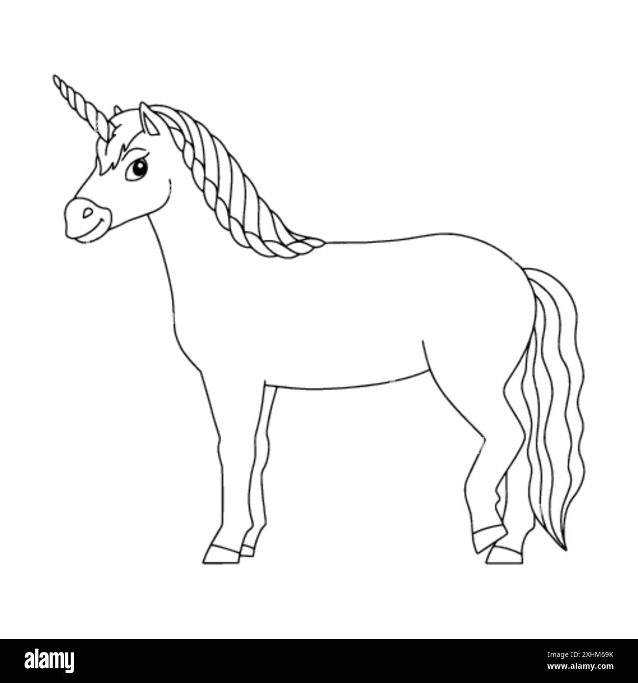 Niedliches Einhorn. Magisches Feenpferd. Malbuch Seite für Kinder. Cartoon-Stil. Vektordarstellung auf weißem Hintergrund isoliert. Stock Vektor