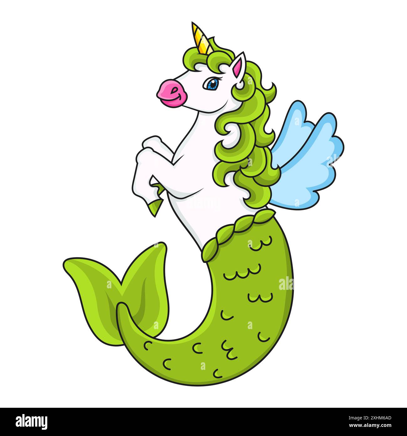 Niedliche Meerjungfrau Einhorn. Magisches Feenpferd. Zeichentrickfigur. Farbenfrohe Vektorgrafik. Isoliert auf weißem Hintergrund. Designelement. Vorlage für y Stock Vektor