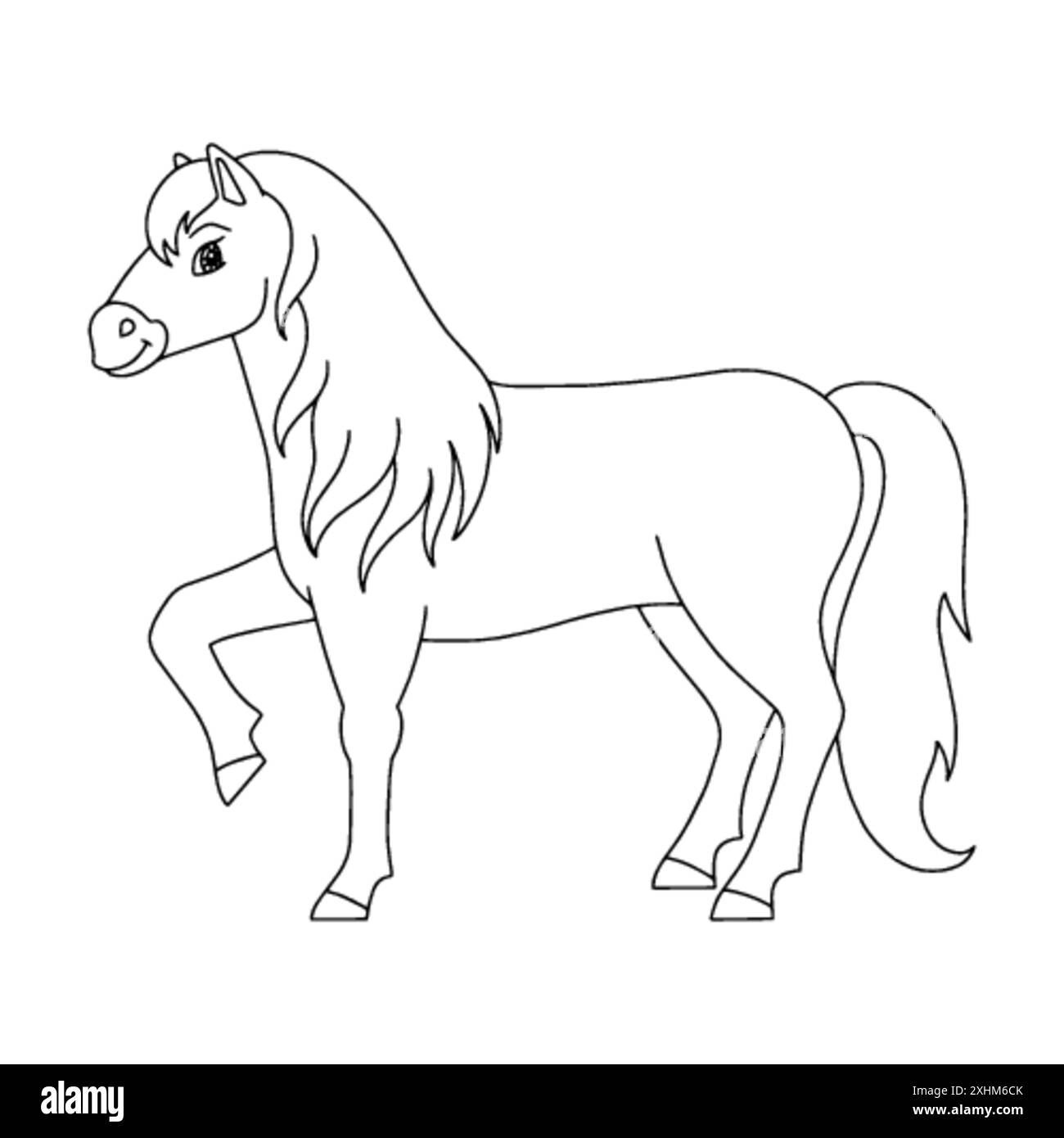 Niedliches Pferd. Nutztier. Malbuch Seite für Kinder. Cartoon-Stil. Vektordarstellung auf weißem Hintergrund isoliert. Stock Vektor