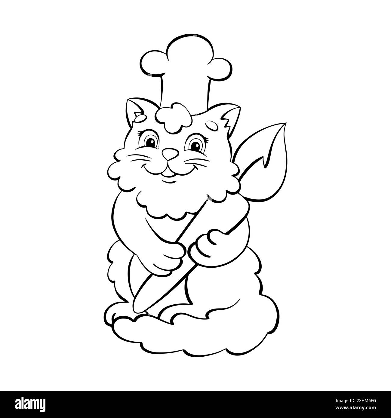 Flauschiger Katzenkünstler kocht mit einem Pinsel in den Pfoten. Ausmalseite für Kinder. Digitaler Stempel. Figur im Cartoon-Stil. Vektorillustration isoliert auf weiß Stock Vektor