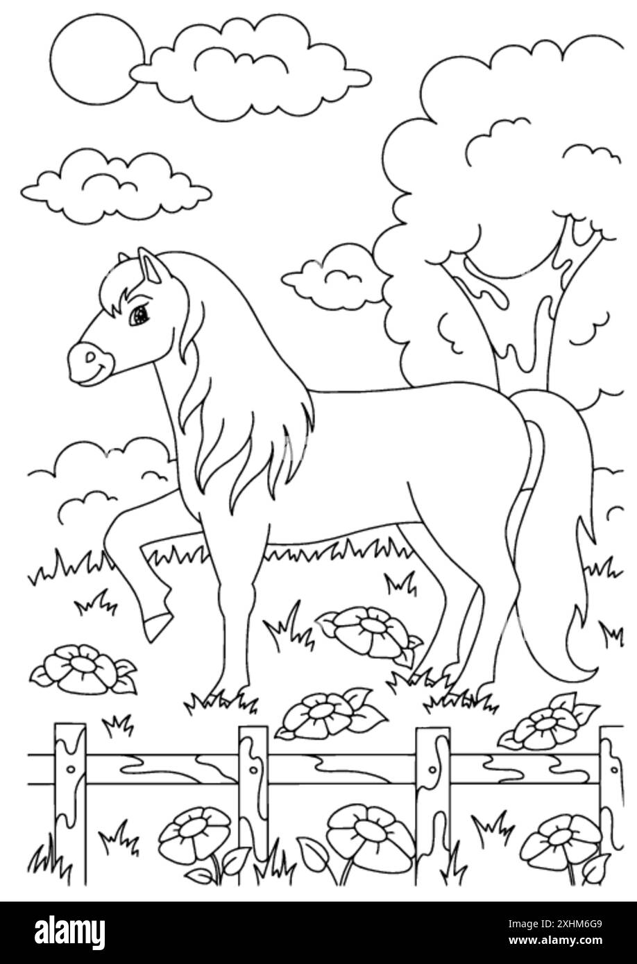 Niedliches Pferd. Nutztier. Malbuch Seite für Kinder. Cartoon-Stil. Vektordarstellung auf weißem Hintergrund isoliert. Stock Vektor