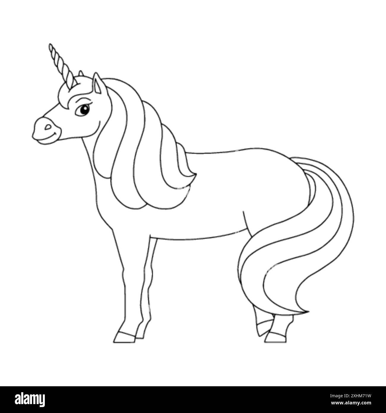 Niedliches Einhorn. Magisches Feenpferd. Malbuch Seite für Kinder. Cartoon-Stil. Vektordarstellung auf weißem Hintergrund isoliert. Stock Vektor